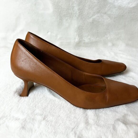 M.Gemi Square Toe Block Heels Shoes Cognac Brown Leather Italy Sz 37 / 6.5 US - Picture 3 of 11